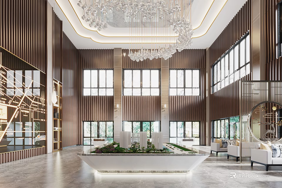 Elegant Sales Office Interior with Wooden Walls Large Windows Crystal Chandelier Central Greenery and Sofas 3d model 