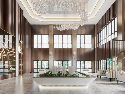 Elegant Sales Office Interior with Wooden Walls Large Windows Crystal Chandelier Central Greenery and Sofas 3d model