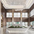 Elegant Sales Office Interior with Wooden Walls Large Windows Crystal Chandelier Central Greenery and Sofas
