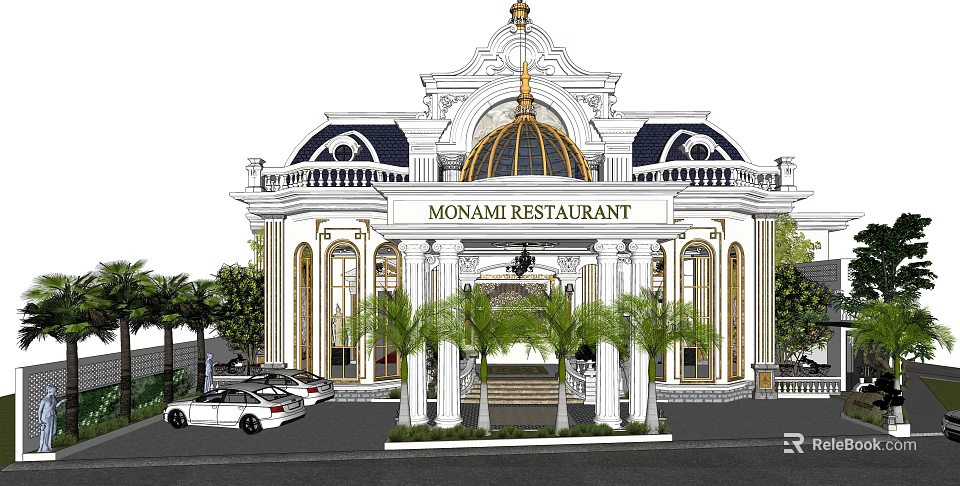 Classical Hotel Building With Dome Columns Palm Trees And Parking Area 3d model
