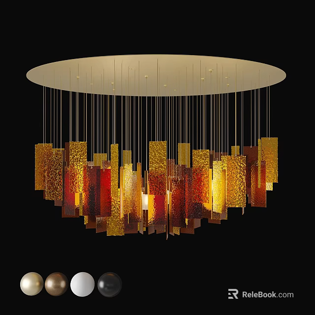 Modern Chandelier with Circular Base and Amber Red Glass Blocks for Ambient Lighting 3d model 
