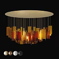 Modern Chandelier with Circular Base and Amber Red Glass Blocks for Ambient Lighting