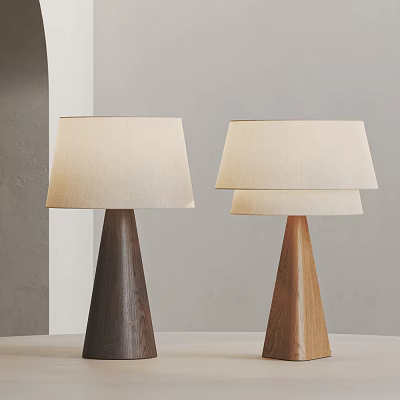 Two Modern Table Lamps with Wooden Bases and Light Colored Fabric Shades 3d model