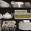 Organized Kitchen Cabinet With Plates Bowls Teapot Books And Wicker Basket
