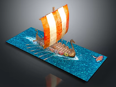 Ancient Water Vessel With Orange White Sail Wooden Oars And Dragon Head On Blue Water 3d model
