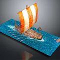 Ancient Water Vessel With Orange White Sail Wooden Oars And Dragon Head On Blue Water
