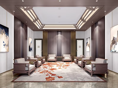 Elegant Modern Reception Room Interior Design With Wooden Sofas Floral Carpet And Ceiling Lights 3d model