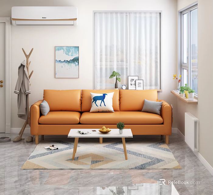 Orange Single Seater Sofa With Blue Deer Pattern Pillow Gray Cushions And White Coffee Table 3d model