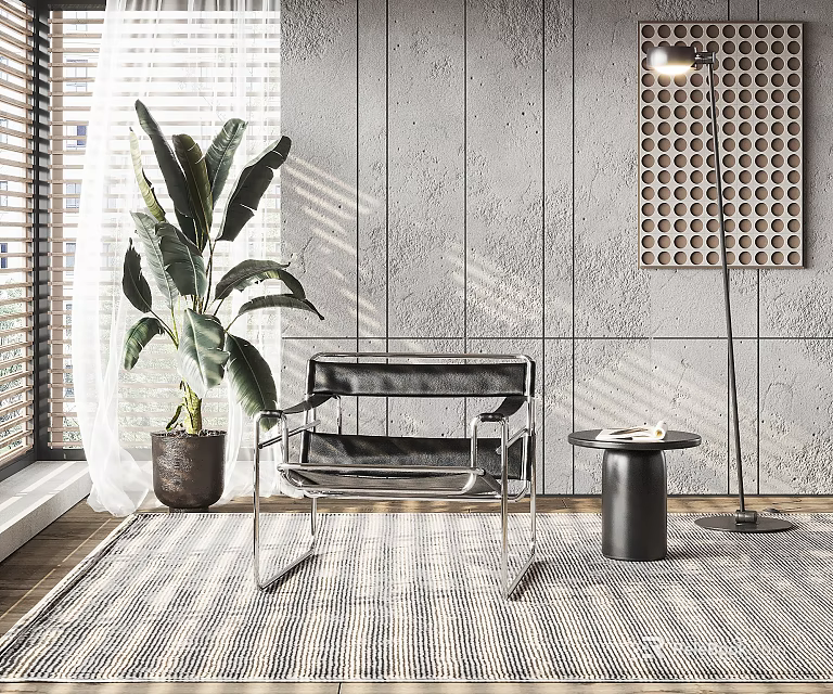 Modern Black Leather Leisure Chair With Metal Frame Floor Lamp And Large Plant 3d model 