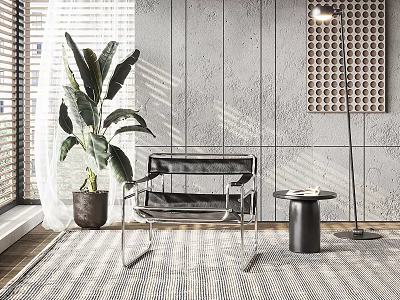 Modern Black Leather Leisure Chair With Metal Frame Floor Lamp And Large Plant 3d model