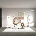 Round Wicker Hanging Chair With Metal Stand In Modern Interior Decorative Artwork And Potted Plant
