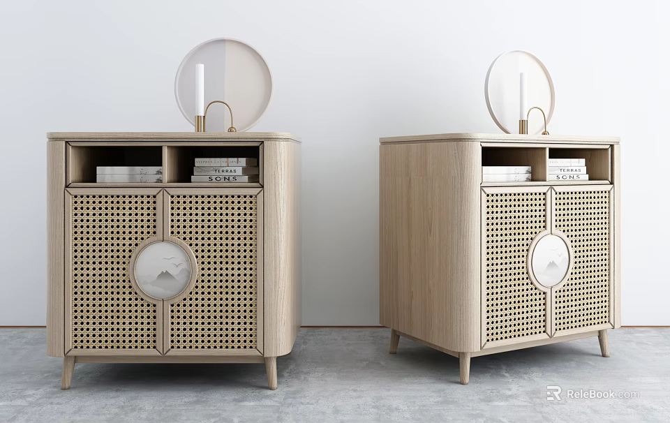 Wooden Bedside Tables With Rattan Doors Round Mirrors And Stacked Items 3d model 