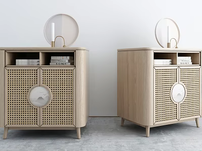 Wooden Bedside Tables With Rattan Doors Round Mirrors And Stacked Items 3d model