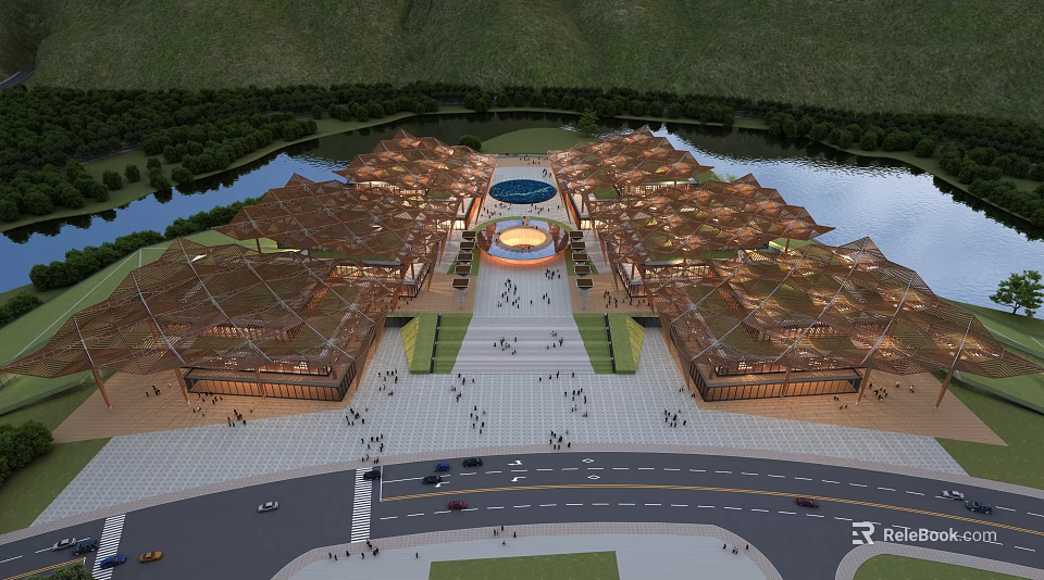 Cultural Center Building With Unique Roof Design Scenic River Greenery and Central Plaza 3d model 