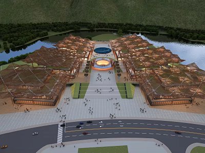 Cultural Center Building With Unique Roof Design Scenic River Greenery and Central Plaza 3d model