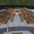 Cultural Center Building With Unique Roof Design Scenic River Greenery and Central Plaza