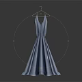 Elegant light blue long dress with pleated design hanging on hanger against dark background