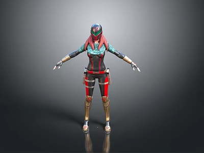 Futuristic Female 3D Character With Green Hair Helmet Black Red Outfit Gold Accents 3d model