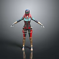 Futuristic Female 3D Character With Green Hair Helmet Black Red Outfit Gold Accents