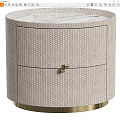 Modern Round Bedside Tables With Woven Texture And Gold Hardware Details