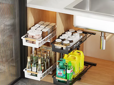 Organized Kitchen Cabinets With Pull out Baskets For Spice Jars And Cleaning Supplies 3d model