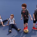Boys Sitting on Floor and Standing on Footballs Against Blue Background