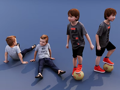 Boys Sitting on Floor and Standing on Footballs Against Blue Background 3d model