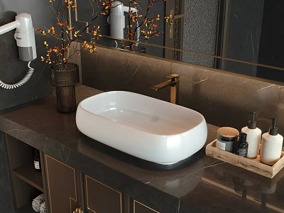 White Oval Washbasin with Golden Faucet on Dark Marble Counter and Toiletries in Modern Bathroom 3d model