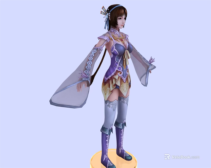 Game And Movie Character In Purple Gold Costume With Flowing Sleeves Long Hair Ornate Headpiece 3d model 