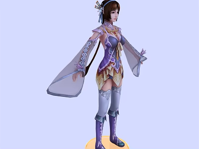 Game And Movie Character In Purple Gold Costume With Flowing Sleeves Long Hair Ornate Headpiece 3d model