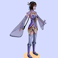 Game And Movie Character In Purple Gold Costume With Flowing Sleeves Long Hair Ornate Headpiece