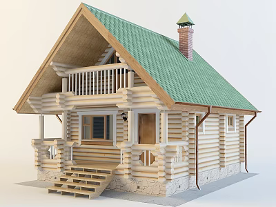 Detached Wooden House With Green Roof Chimney Front Steps And Balcony 3d model