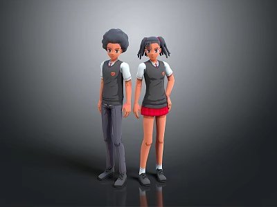 Two Children Boy and Girl in School Uniforms Standing with Gray Pants Red Skirt 3d model