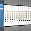 Modern Display Wall With Blue Striped Walls White Panel Small Squares And Black Devices Below