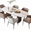 Oval Dining Table Set With Marble Top Gray Brown Chairs Golden Legs And Green Plant