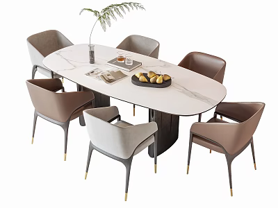 Oval Dining Table Set With Marble Top Gray Brown Chairs Golden Legs And Green Plant 3d model