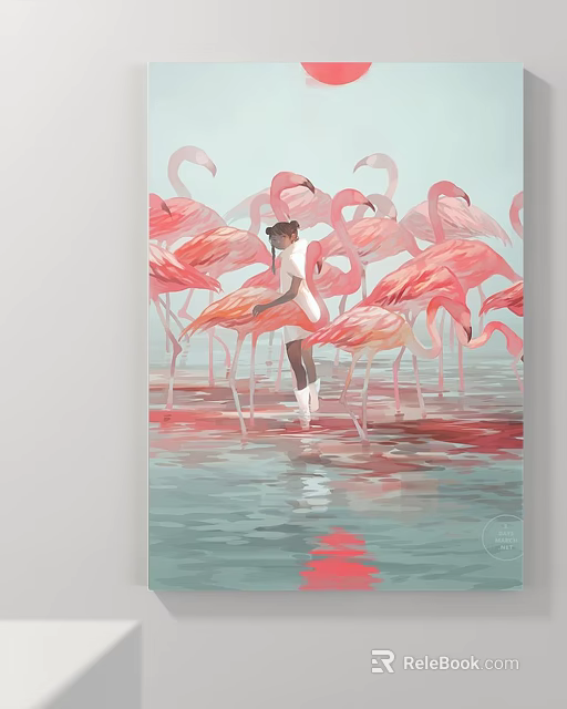 Abstract Painting Of Girl Among Pink Flamingos In Light Blue Water With Reflection 3d model 