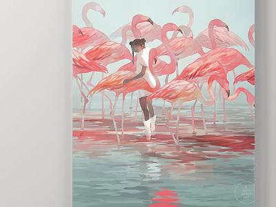 Abstract Painting Of Girl Among Pink Flamingos In Light Blue Water With Reflection 3d model