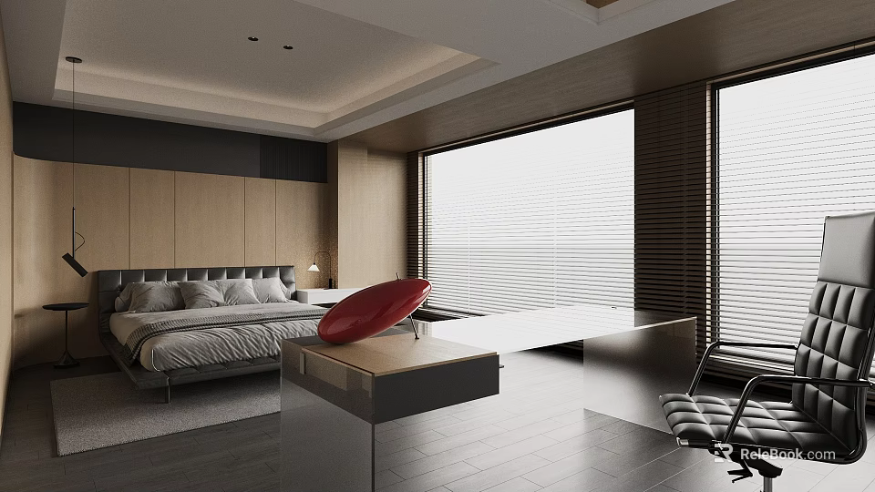 Modern Bedroom Interior Design With Bed Wooden Cabinets Desk Chair And Large Windows 3d model 