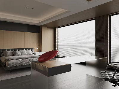Modern Bedroom Interior Design With Bed Wooden Cabinets Desk Chair And Large Windows 3d model