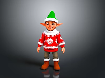 Christmas Elf Character In Green Hat And Red Sweater With Snowflake Pattern And Brown Boots 3d model