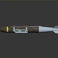 Military Missile 3D Render With Brown Warhead Yellow Stripe White Tail Fins And Orange Parts