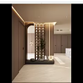 Modern Entryway Hallway Interior With Wooden Lattice Partition Potted Plant Soft Lighting And Decorative Ornaments