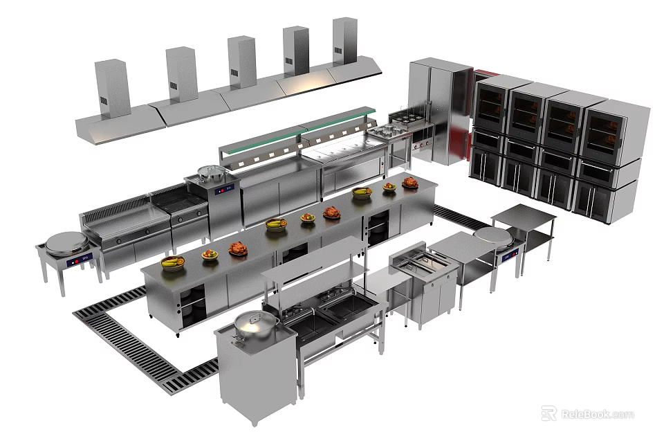 Commercial Kitchen Stainless Steel Appliances Layout With Cooking Equipment And Workstations 3d model 