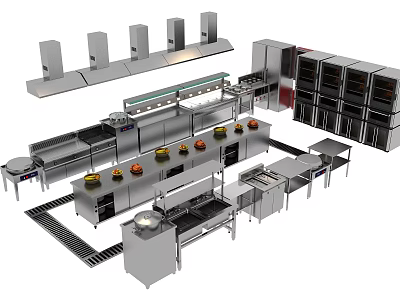 Commercial Kitchen Stainless Steel Appliances Layout With Cooking Equipment And Workstations 3d model