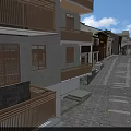 Traditional And Modern Commercial Street With Wooden Balconies And Stone Paved Road
