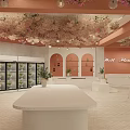 Interior With Flower Adorned Ceiling Orange Walls Stone Bookshelf Wooden Tables And Refrigerated Cases