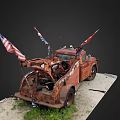 Rusty Old Tow Truck With American Flags On Dirt Ground And Grass