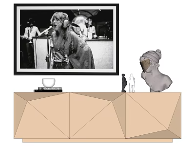 Black and White Portrait Painting with Performers on Geometric Cabinet with Sculptures and Bowl 3d model