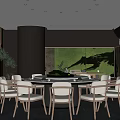 Elegant Modern Private Dining Room Interior With Round Table Chairs Large Windows And Green Decorative Art